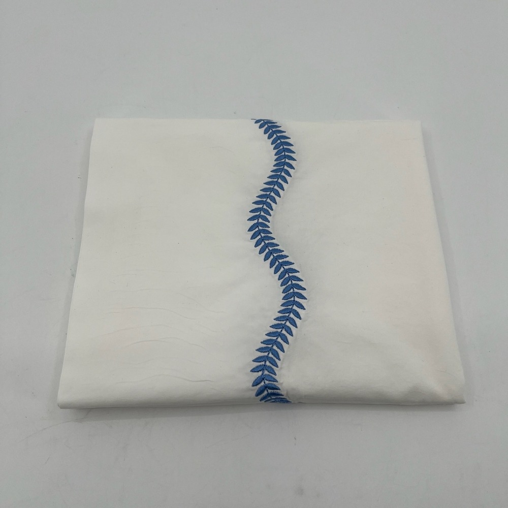 Annie Selke C3 Pillowcase Standard White Cotton Blue Leaf Embroidery 19x31